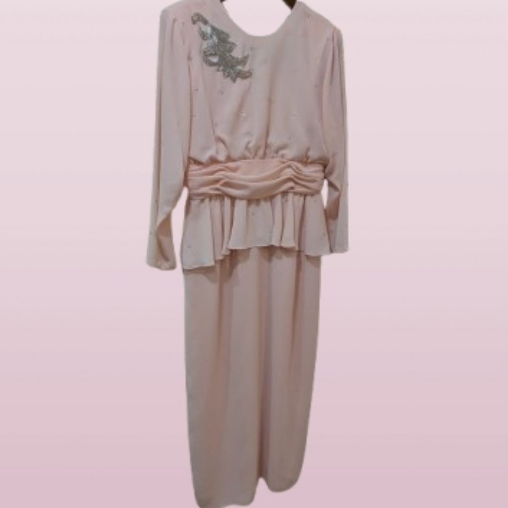 Vintage 80s Miss Elliette Pink Peach Long Sleeve Dress Formal